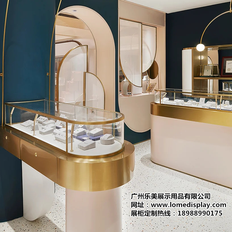 商场高端简约珠宝展示柜-金色可定制不锈钢-首饰项链钻石黄金展示柜