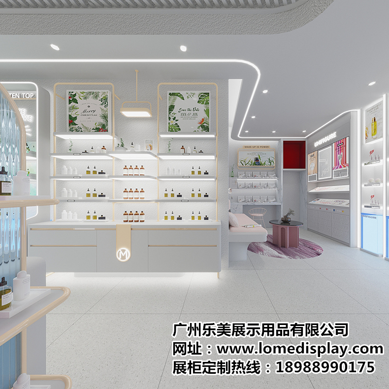 简约现代品牌定制多层靠墙化妆品护肤品展示柜带灯光