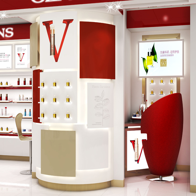 商场白红品牌_木质_高端_彩妆简约现代化妆品彩妆展柜可定制