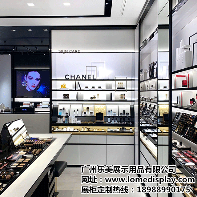 厂家定制黑白简约高端品牌靠墙多层彩妆香水化妆品展示柜