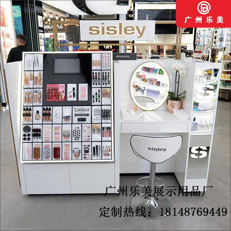 简约时尚款彩妆体验台木质烤漆亚克力台面展示柜带镜子四面柜