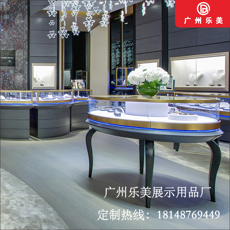 时尚大方珠宝柜款式木质烤漆+不锈钢基材圆形异形展示柜整店输出